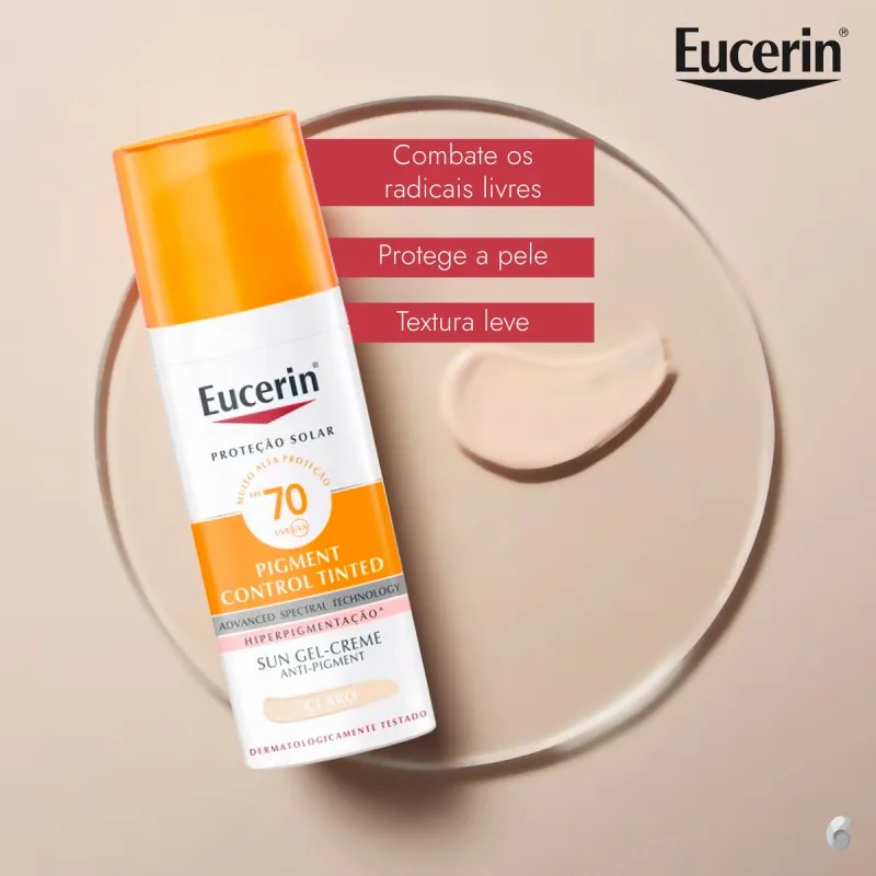 Textura leve e uniformizadora do protetor solar Eucerin FPS 70 com cor clara